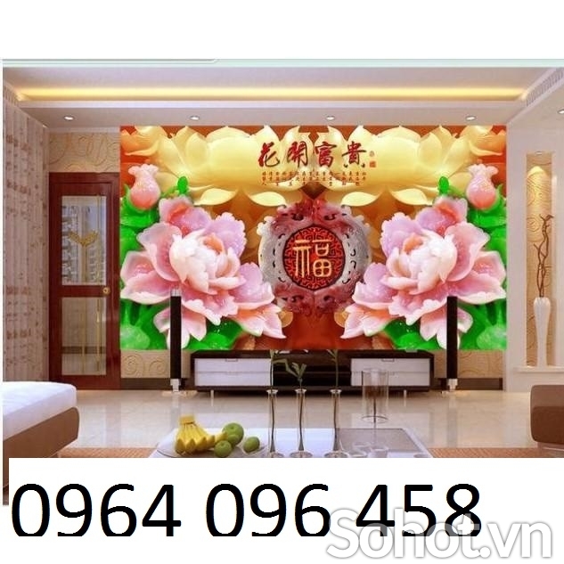 Tranh 3d phong thủy hoa mẫu đơn - tranh gạch 3d ốp tường - HCV44