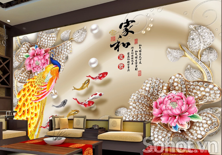 Gạch tranh men 3D chim công- tranh phong thủy