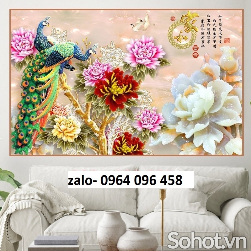 Tranh gạch chim công hoa mẫu đơn - 59000CB
