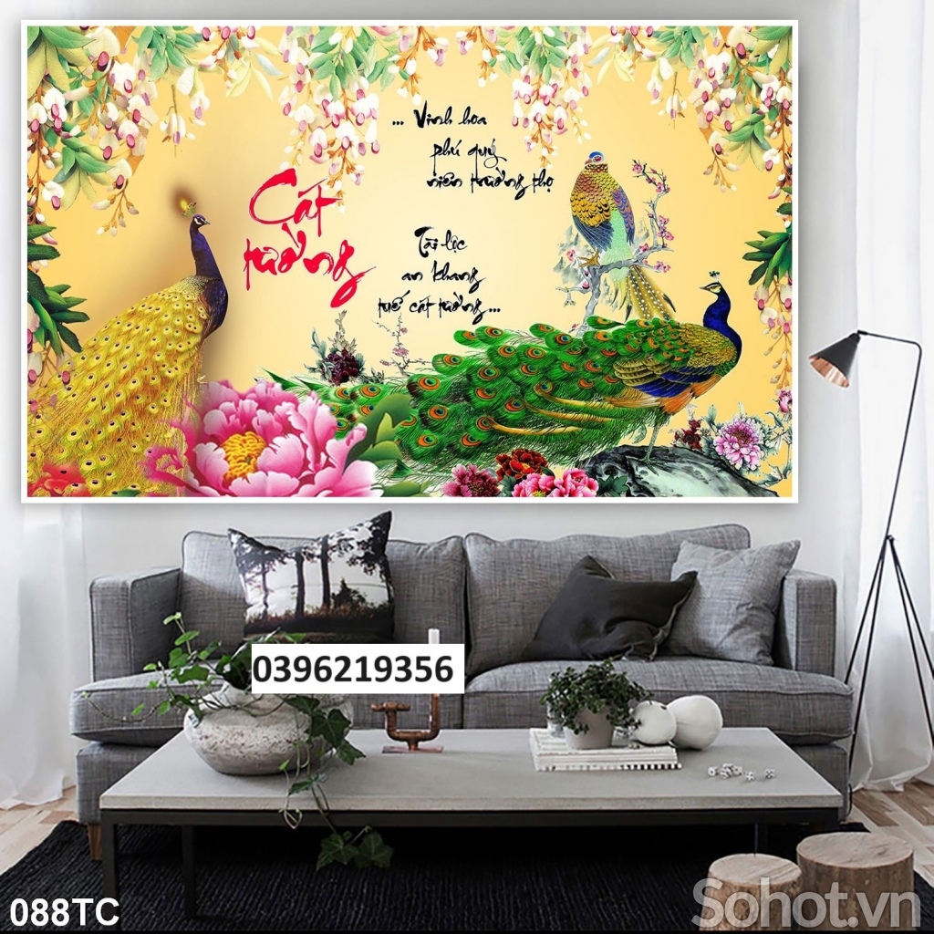 Tranh gạch chim công mẫu đơn 3D