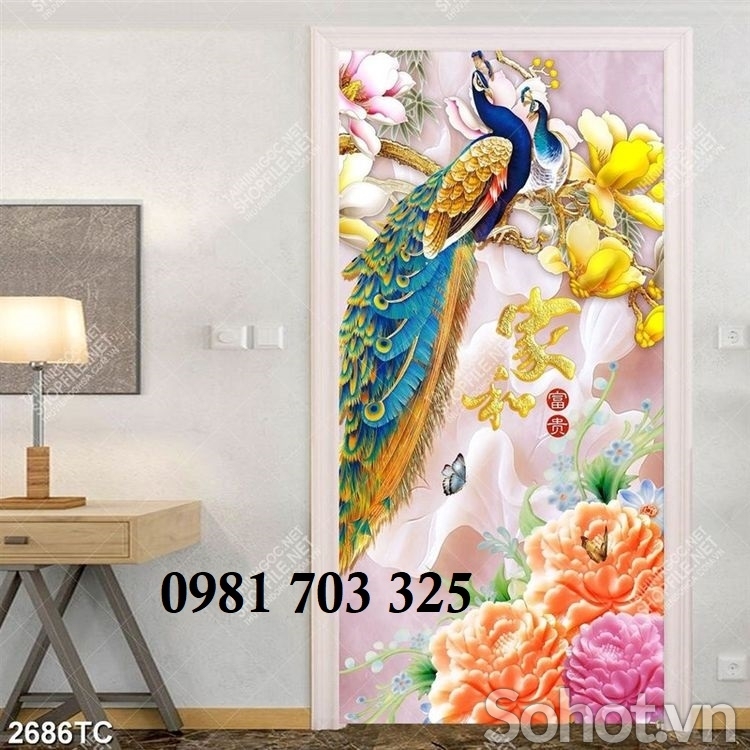 Tranh gạch men chim công ốp tường đứng