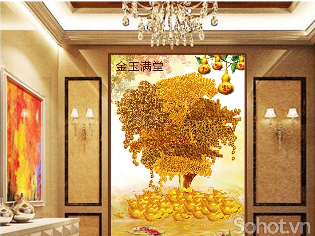 Tranh 3d cây kim tiền tranh gạch 3d ốp tường - 9009M