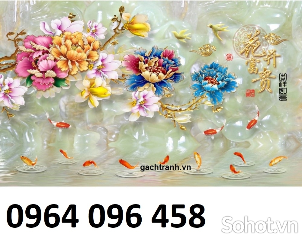 Tranh gạch cá chép hoa mẫu đơn - XV544