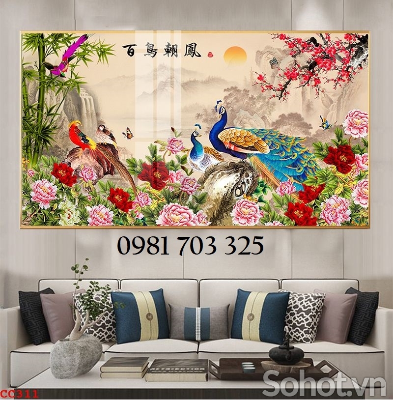 Tranh gạch phong thủy chim công hoa mẫu đơn