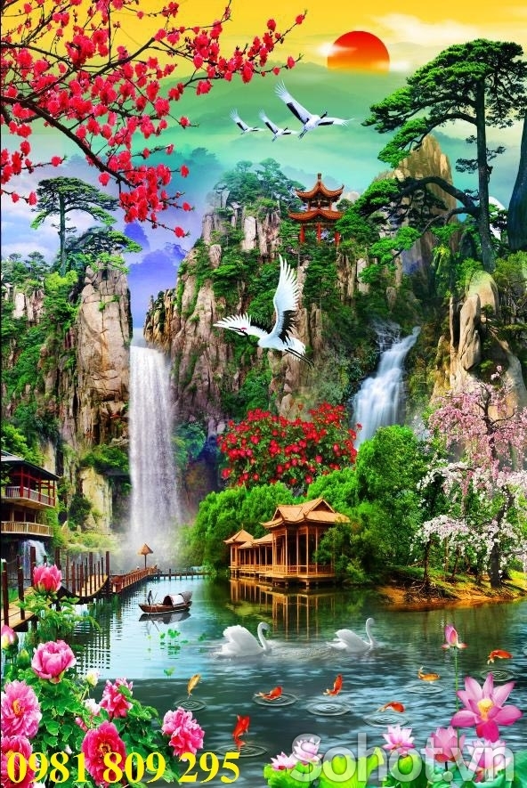Tranh thác nước - tranh gạch 3d phong cảnh sơn thủy
