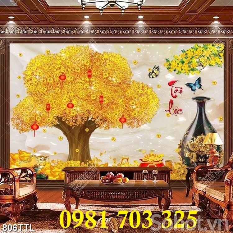 Tranh gạch cây kim tiền vàng 3D