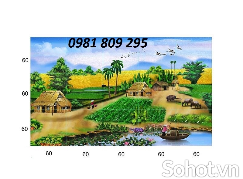 tranh gạch 3d hồ nước chim hạc