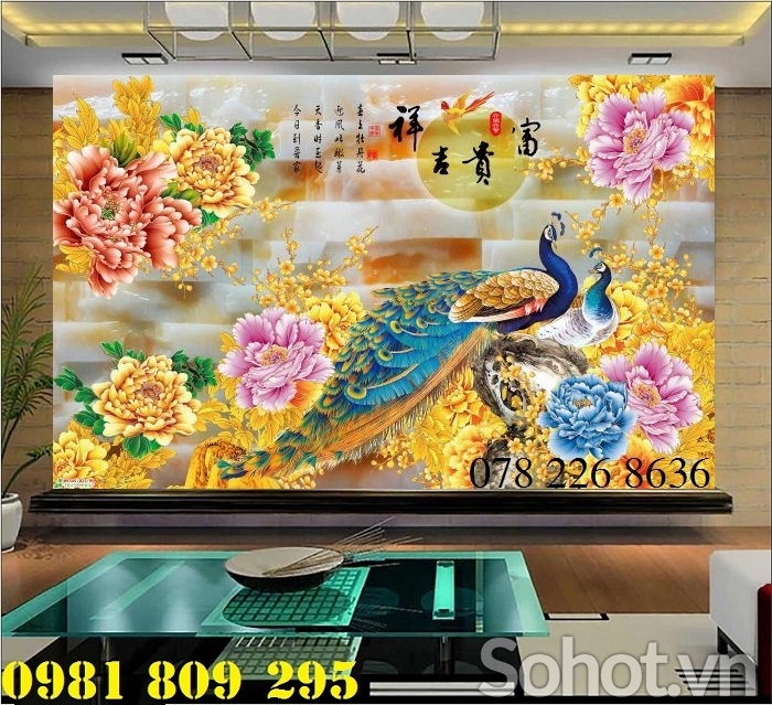 Tranh chim công - gạch tranh phòng khách
