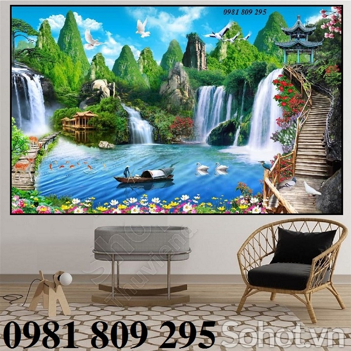 Tranh gạch 3d thác nước phong thủy - gạch tranh 3d