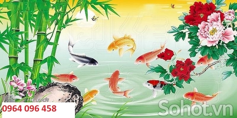 Tranh gạch 3d phong thủy cá chép hoa mẫu đơn - CBVX44