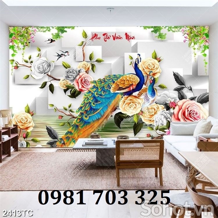Tranh chim công phong thủy, gạch tranh 3D đẹp