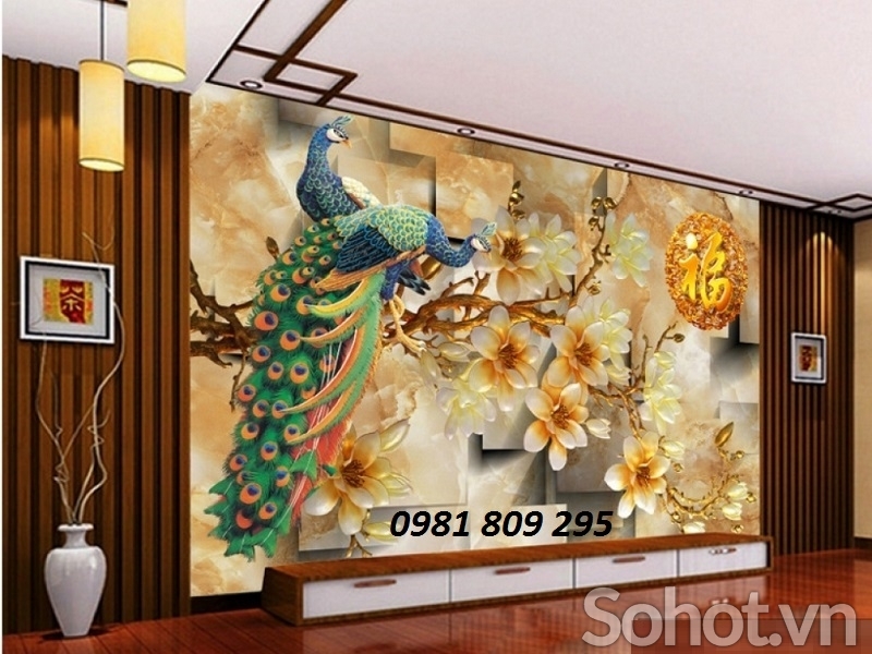 Tranh 3d chim công hoa ngọc vàng- gạch tranh