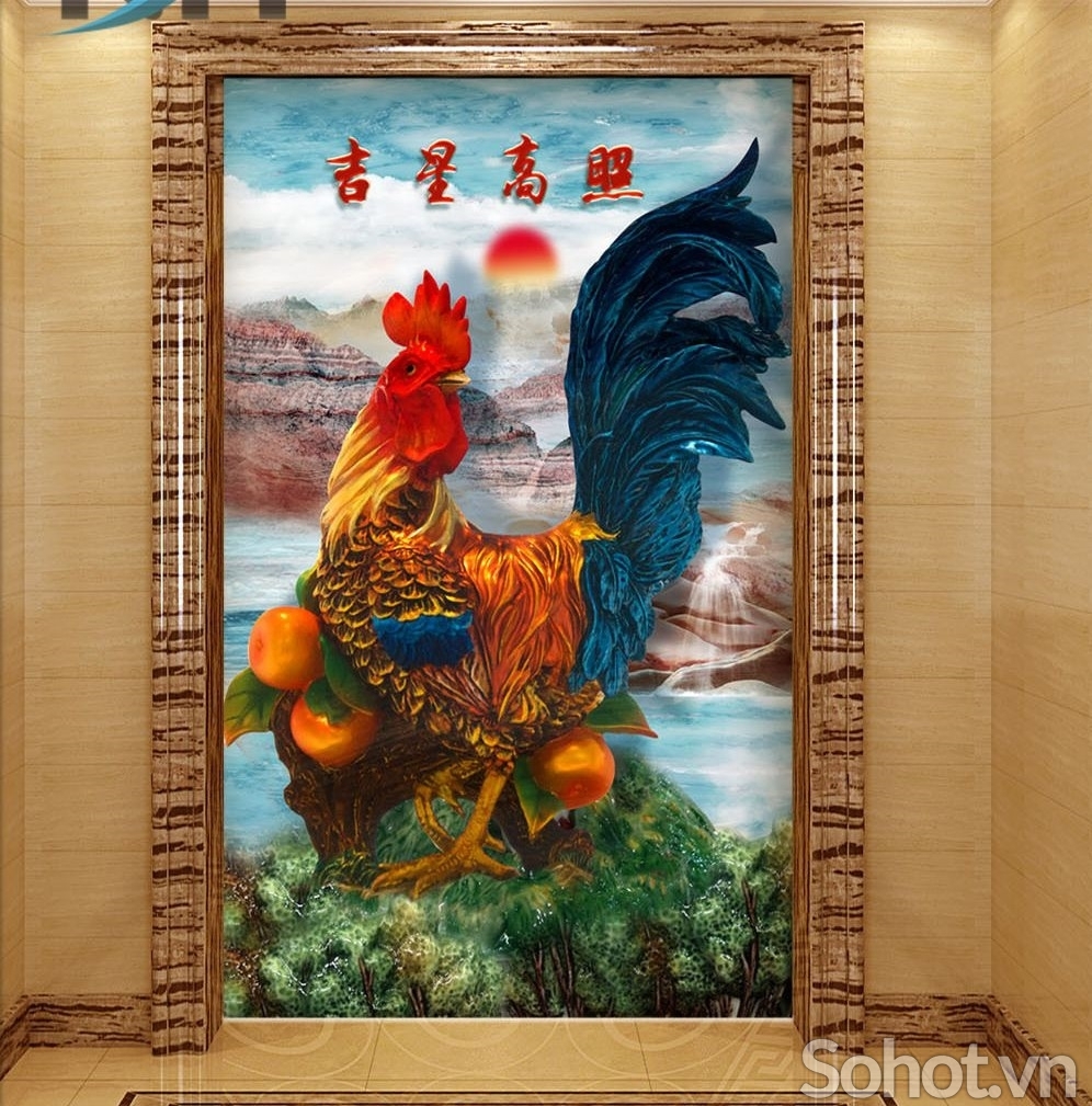 Tranh 3d con gà trống - tranh gạch 3d ốp tường - SCX43