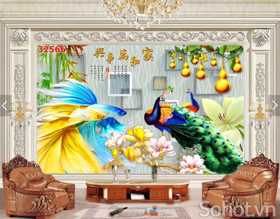Tranh gạch ốp tường 3d chim công - 522SP
