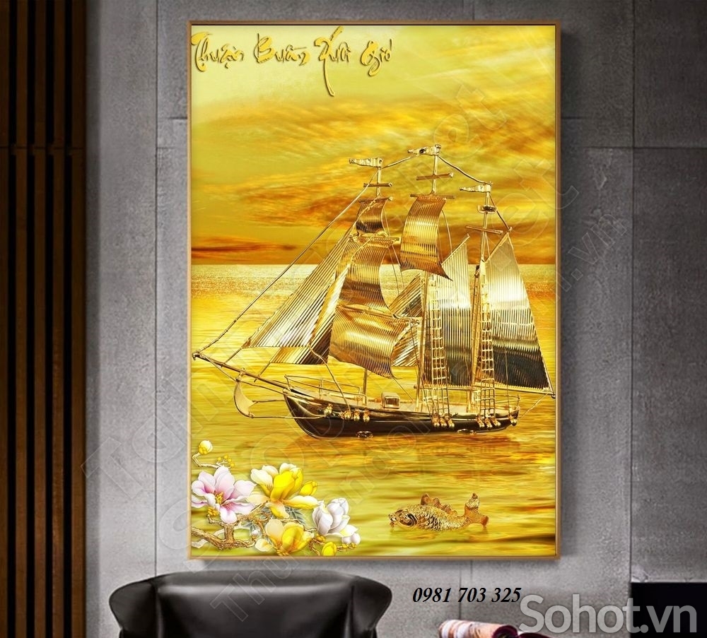 tranh 3D phong thủy, gạch tranh phong thủy thuyền vàng