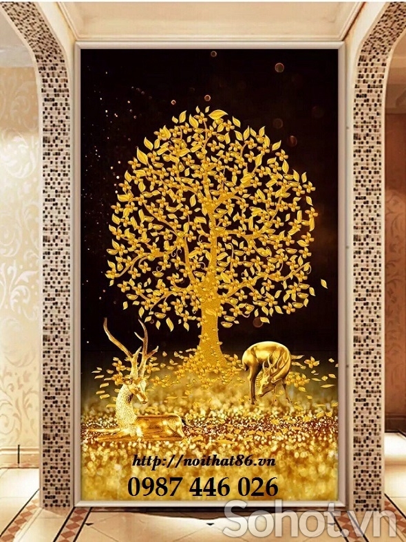 Gạch 3d tranh gạch cây tiền lộc vàng HP263