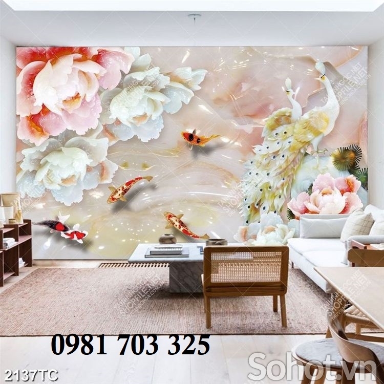 Tranh gạch hoa mẫu đơn 3D đẹp