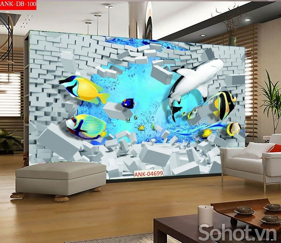 Tranh cá heo 3d - tranh gạch 3d cá heo - VNB54