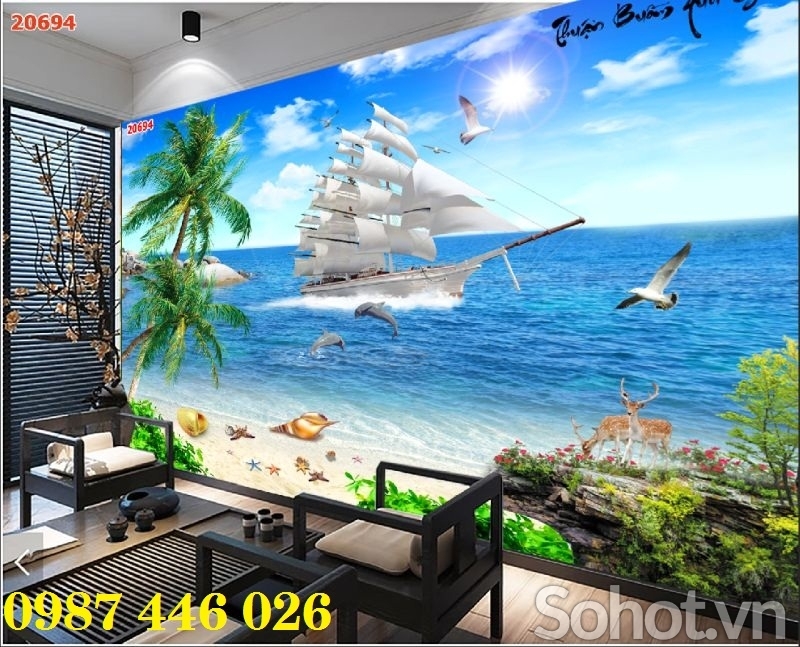 Gạch ốp tường tranh thuyền buồm phòng khách 3d