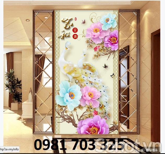 Tranh gạch đẹp 3D khổ đứng trang trí chim công
