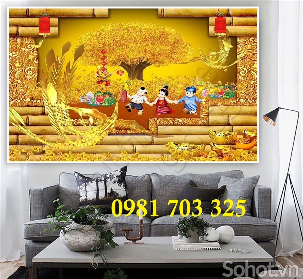 Tranh kim tiền phong thủy, gạch men 3D ốp phòng khách