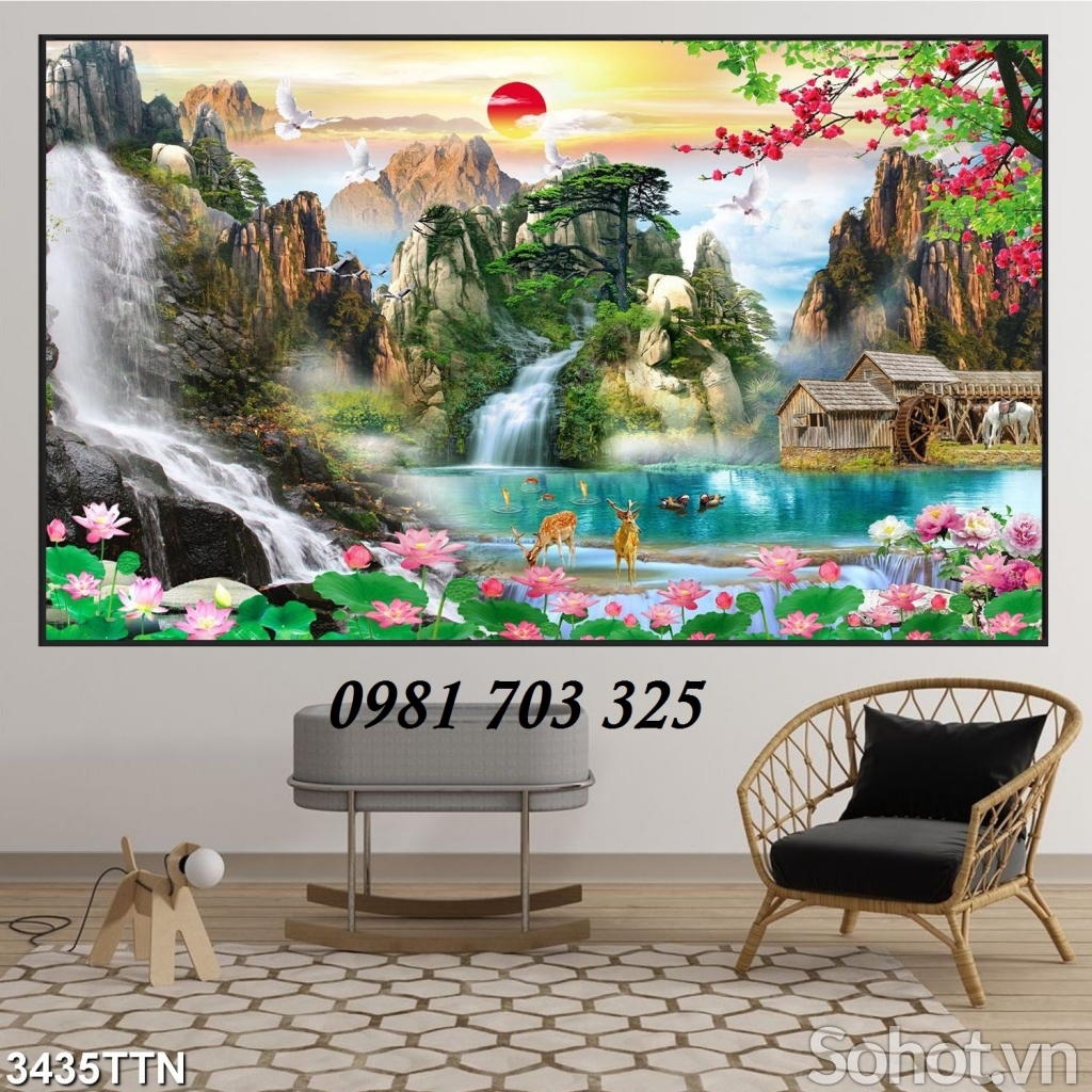 Tranh phong cảnh thác nước- gạch tranh 3D ốp tường