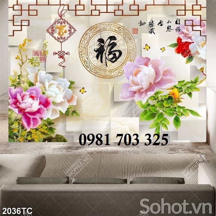 Tranh hoa mẫu đơn, tranh gạch