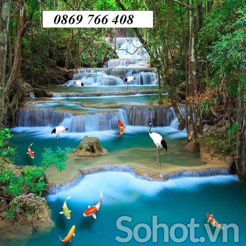 Tranh phong cảnh-Tranh gạch 3D thác nước con cò