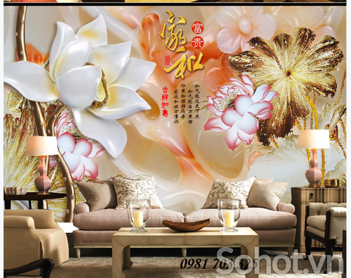 Tranh gạch men 3D phòng khách- tranh hoa sen