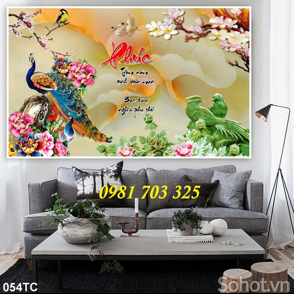 tranh chim công phong thủy, gạch tranh trang trí tường