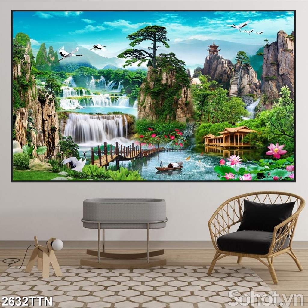 Gạch tranh 3D phong cảnh thác nước thiên nhiên đẹp