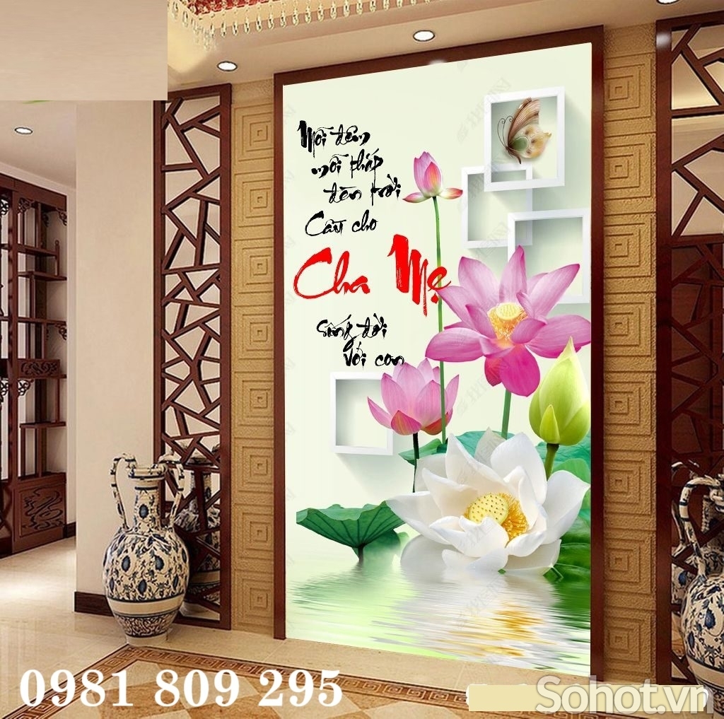 Tranh 3d hoa sen , gạch tranh khổ dọc HN8282