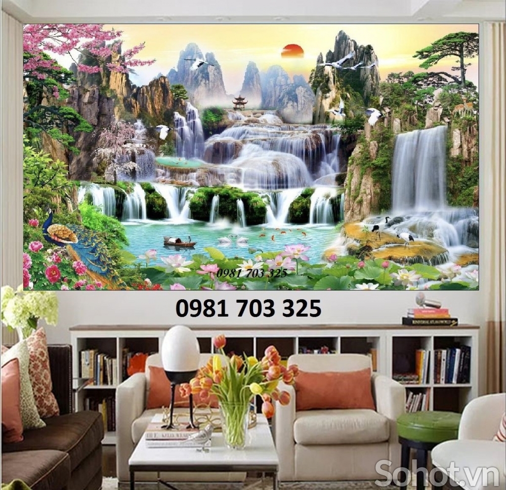 Gạch tranh 3D phong cảnh thác nước thiên nhiên đẹp