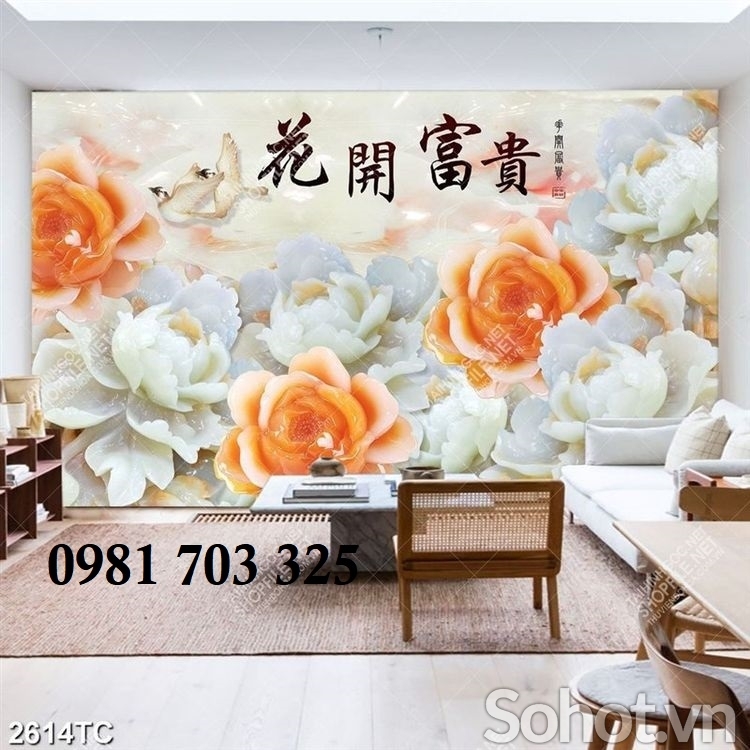 Tranh gạch 3D hoa mẫu đơn phong thủy