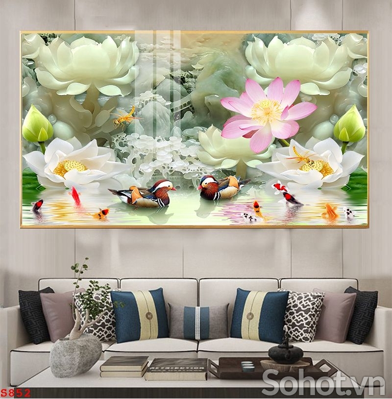 Tranh gạch men 3D hoa sen ốp tường