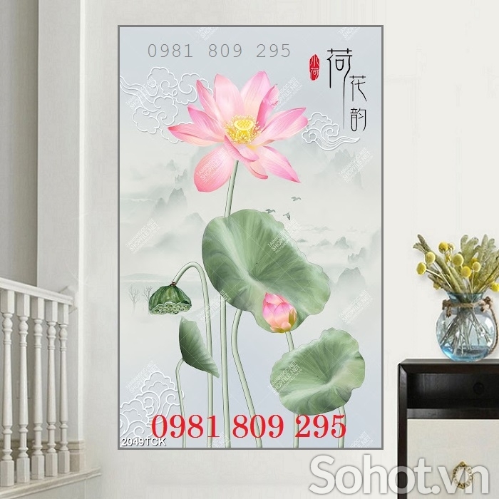 Tranh gạch khổ đứng hoa sen 3d GD765