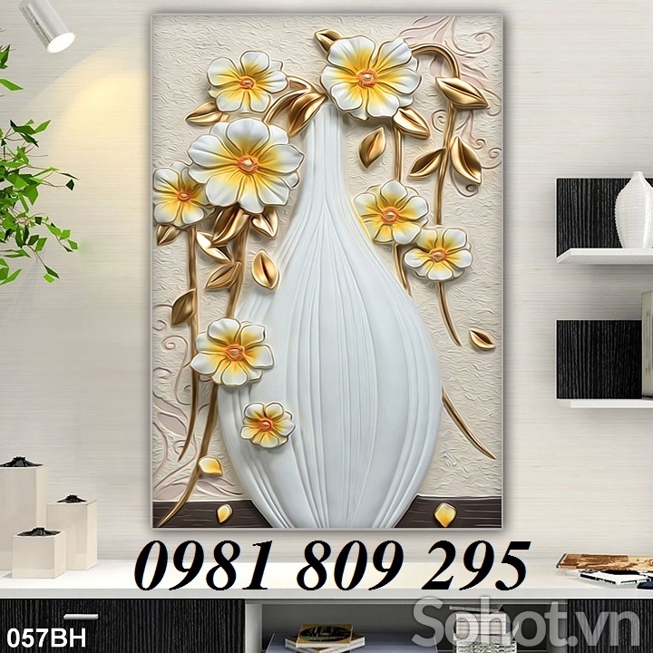 Tranh gạch 3d bình hoa sen trắng