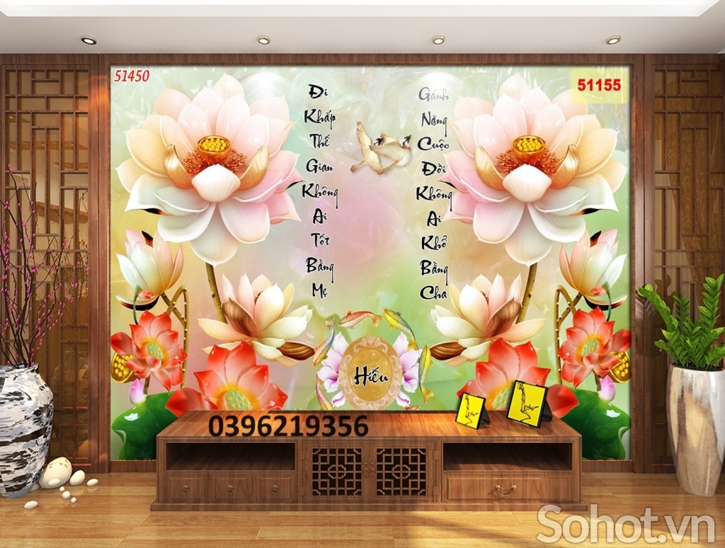 Tranh gạch 3D đẹp hoa sen trang trí
