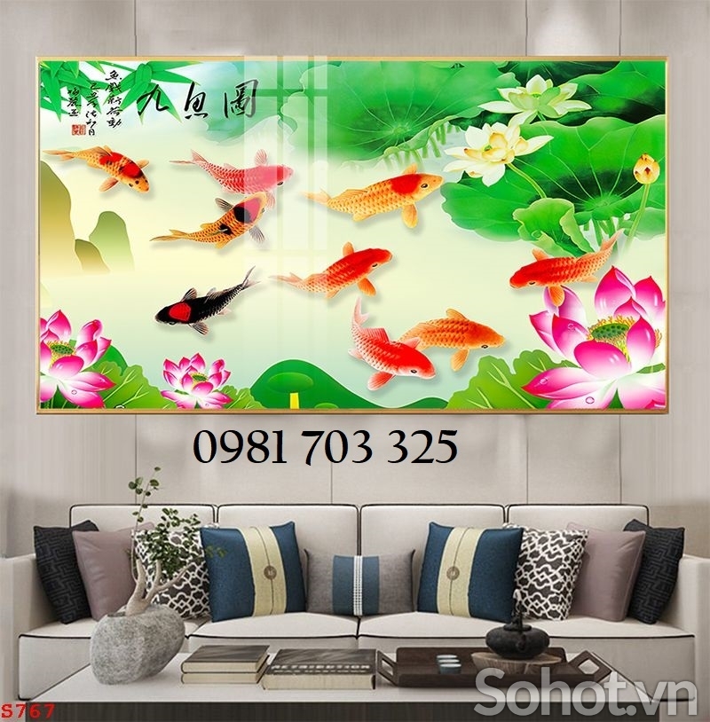 Tranh gạch phong thủy 3D hoa sen cá chép