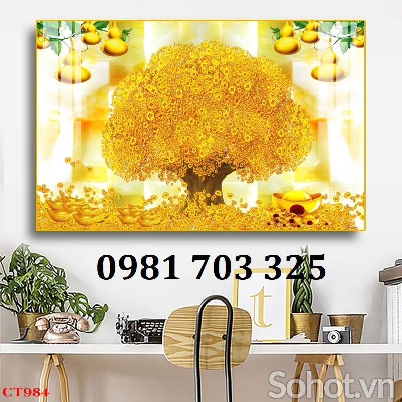 Tranh kim tiền phong thủy, gạch men 3D ốp phòng khách
