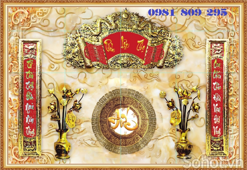 Tranh gạch ốp tường phòng thờ Phúc Lộc Thọ GP09