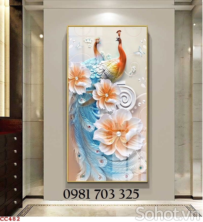 Tranh gạch khổ đứng phong thủy chim công