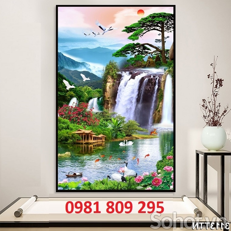 Tranh thác nước khổ dọc , tranh gạch 3d