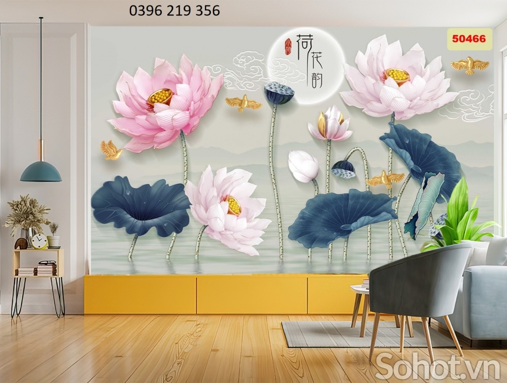 Gạch tranh dán tường trang trí phòng khách sang trọng- Tranh Hoa Sen
