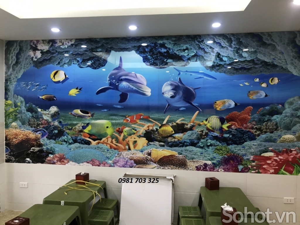 Tranh trang trí phòn khách- gạch tranh cá heo