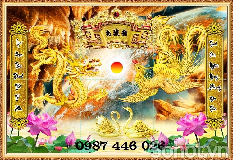 Gạch 3d tranh ốp tường rồng phượng phòng thờ HP9373