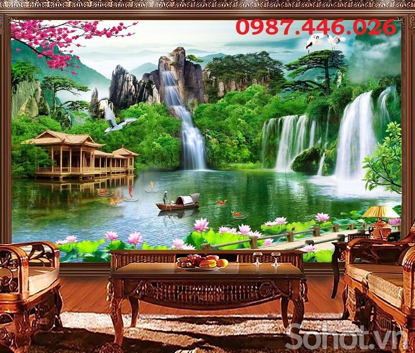 Gạch 3d tranh ốp tường phong cảnh thác nước HP7332