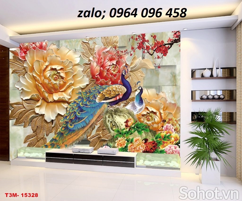 Gạch tranh chim công trang trí phòng khách - HXZ2