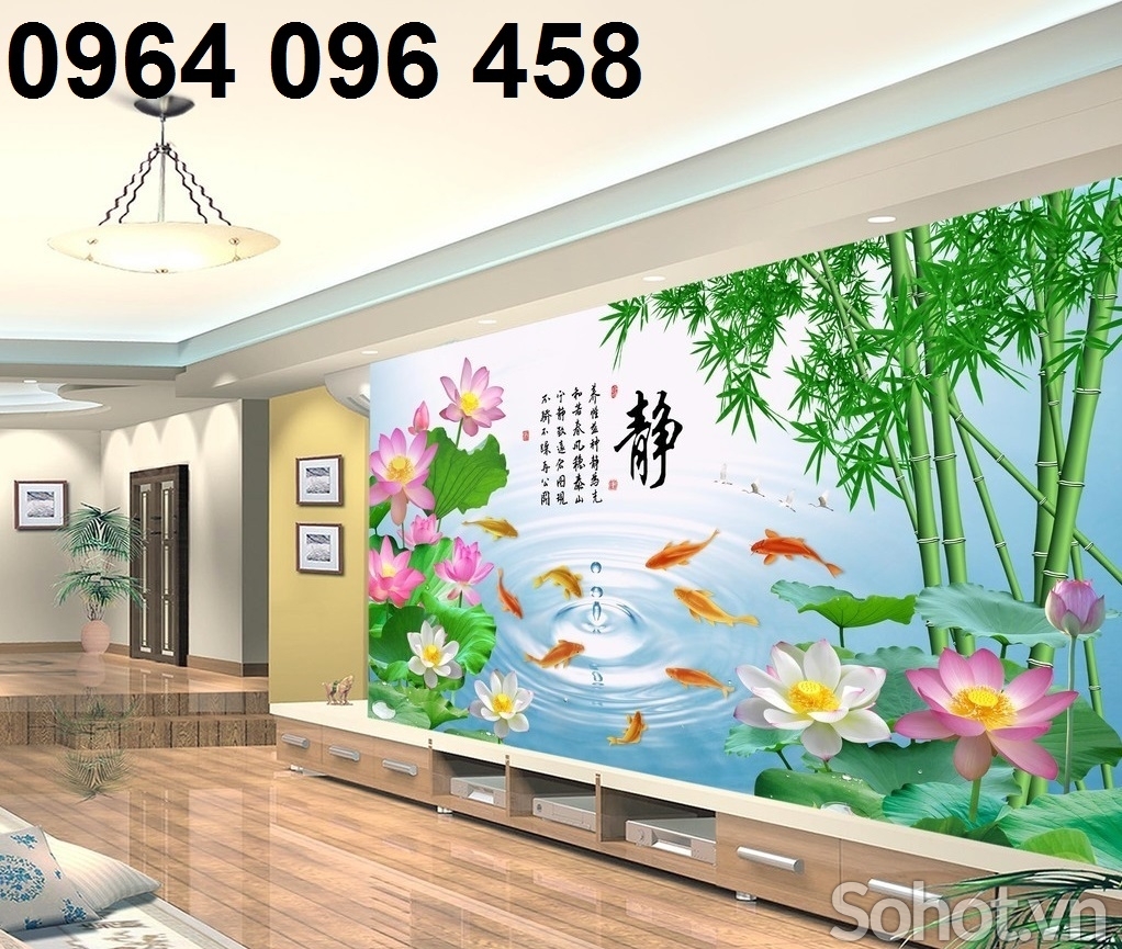 Tranh 3d cá chép hoa sen - gạch tranh 3d ốp tường - 777XP