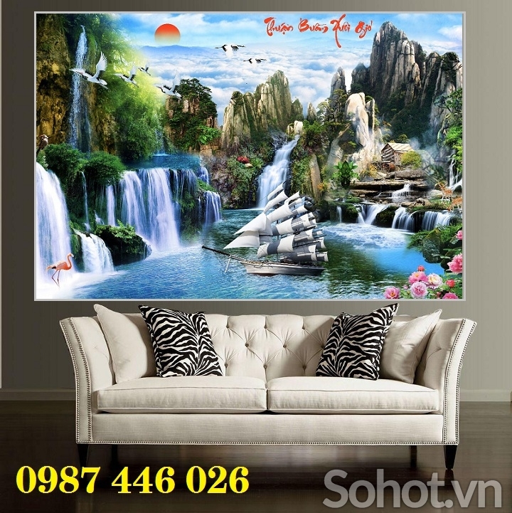Gạch ốp tường tranh thuyền buồm phòng khách 3d